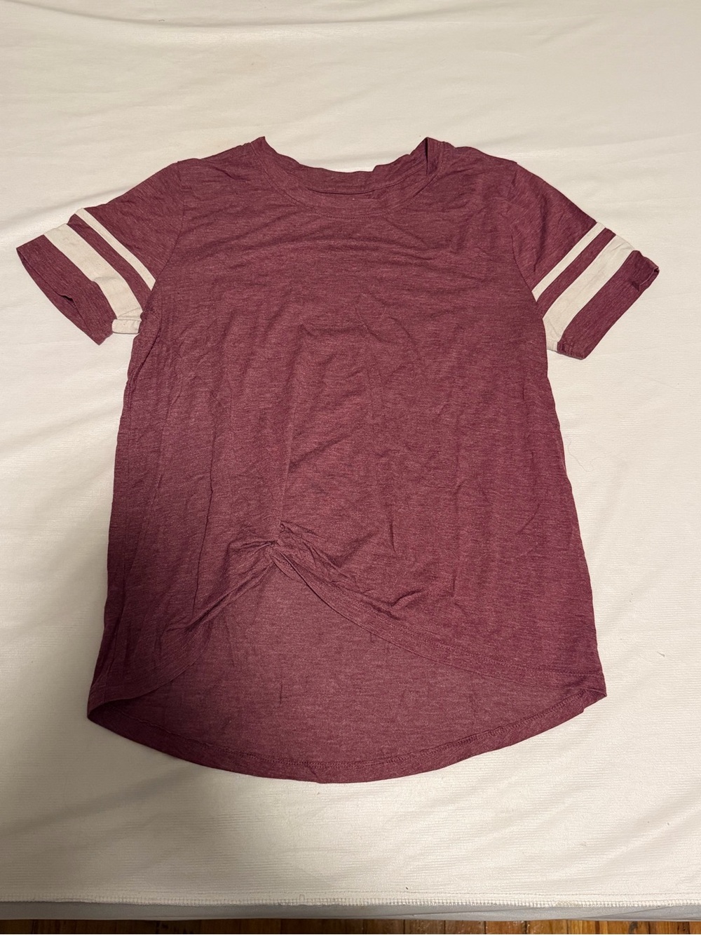 SO Maroon Short-Sleeve Crew Tee with White Sleeve Stripes and Tie Detail